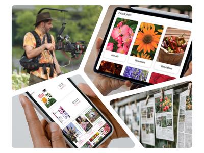 Collage of a man holding a video camera, printed news, mobile apps