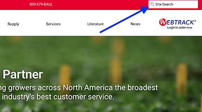 A blue arrow points to the upper-right corner of a website to highlight the Site Search tool.