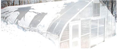 A snow-covered hoop house in plastic is about to collapse from the weather.